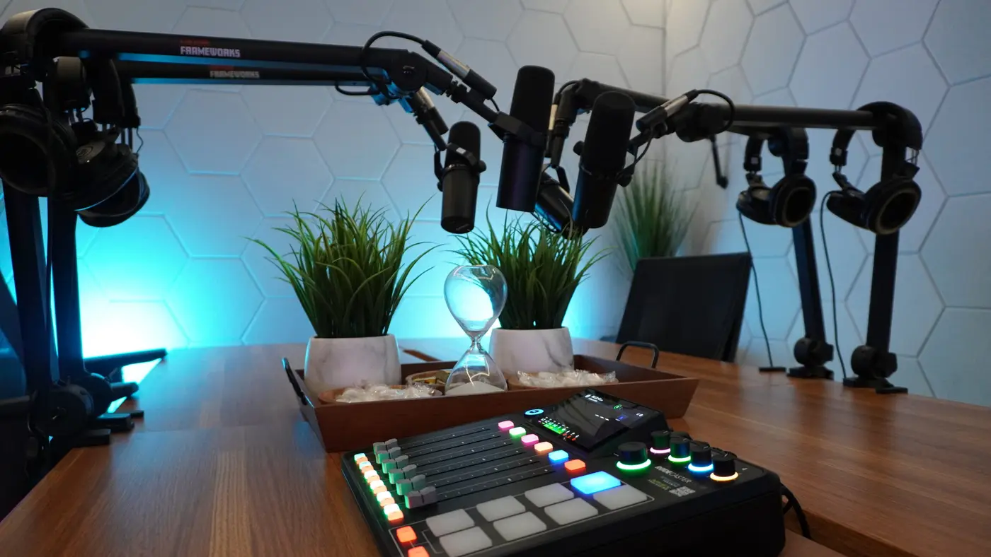 LED-lit video podcast studio in San Antonio used for compliant, professionally produced shows
