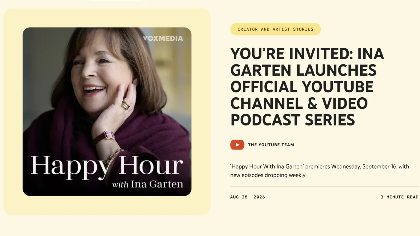 Happy Hour with Ina Garten video podcast cover art on YouTube's launch announcement