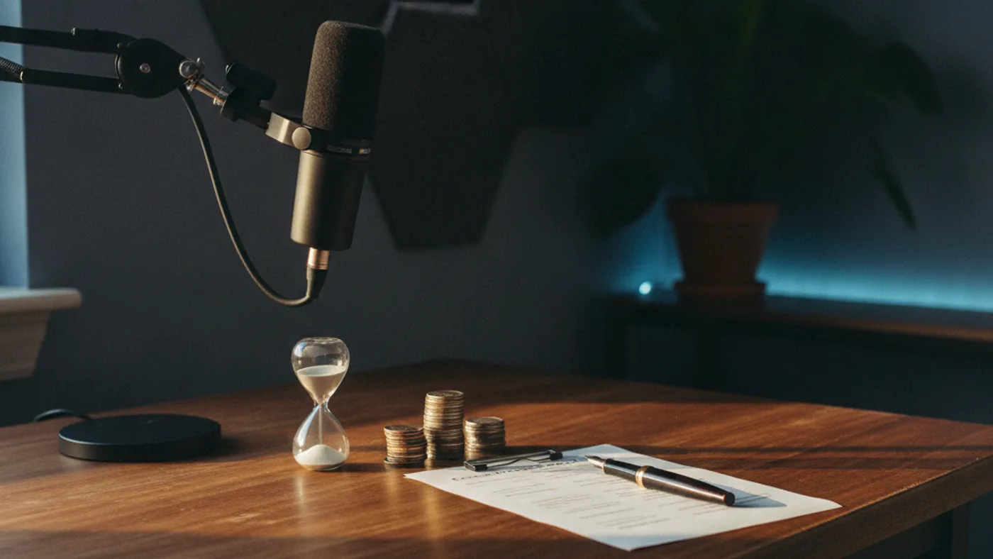 Broadcast microphone, hourglass, stacked coins and a grant application on a podcast studio desk